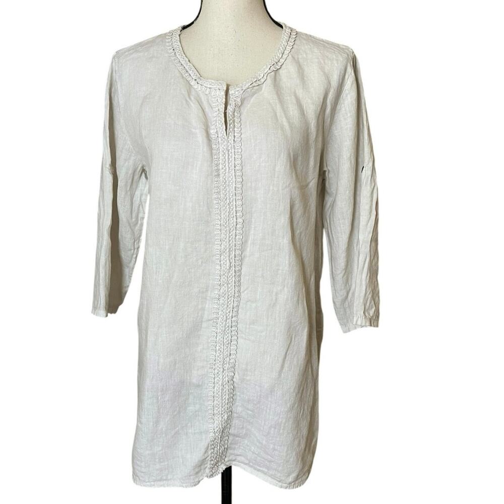 Terzo Millennio Women’s Large 100% Linen Split Neck Tunic Top Beige Minimalist